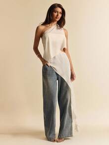 SHEIN BAE 不对称杏色雪纺透视露肩露背女式上衣，优雅雪纺透视上衣，适合外出、度假、海滩、婚礼宾客、早午餐等场合。 - 杏色 - 查看 1