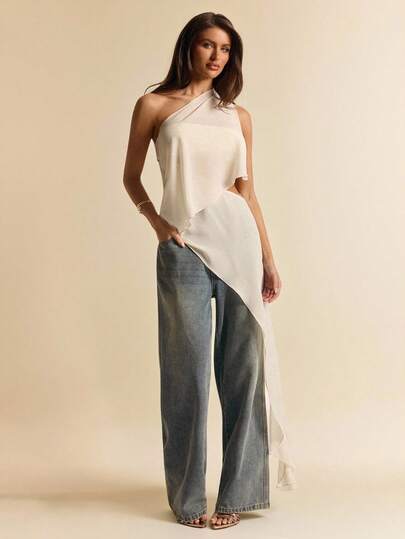 SHEIN BAE Asymmetric Apricot Chiffon Sheer Shoulder Backless Blouse For Women, Chiffon Sheer Elegant Top, Suitable For Outings, Vacation, Beach, Wedding Guest, Brunch