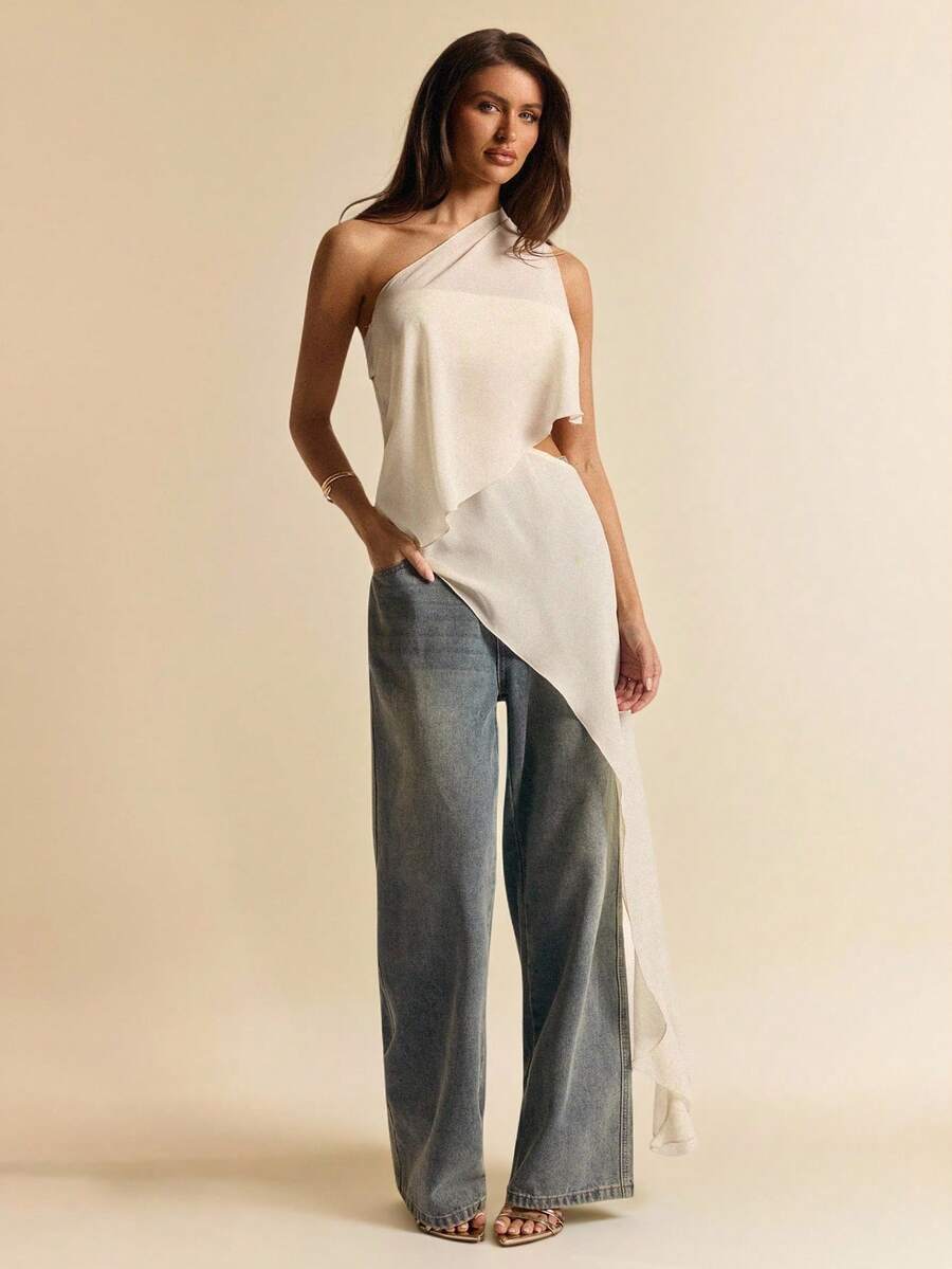 SHEIN BAE 不对称杏色雪纺透视露肩露背女式上衣，优雅雪纺透视上衣，适合外出、度假、海滩、婚礼宾客、早午餐等场合。 - 杏色 - 查看 1