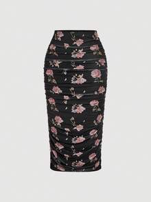 SHEIN MOD Fustă midi vintage neagră cu imprimeu, pliuri – perfectă pentru vacanță, întâlniri, picnic, petrecere, bal, festival și ziua de naștere; stil vintage romantic. - Negru - Vizualizare 8