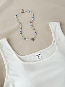 SHEIN 少女白色碎花宽松背心短裤套装，度假风，适合夏季穿着 - 藍白色 - 查看 3