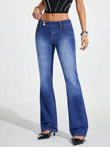 Jeanoix 女士纽扣腰袋设计休闲百搭喇叭裤 - 藍色 - 查看 5