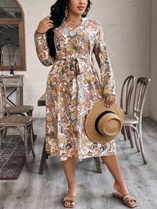 EMERY ROSE 大码女式圣诞印花梭织长袖常规优雅秋冬连衣裙长款女装 - 彩色 - 查看 4