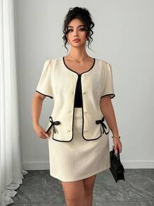 Elenzga Plus Size Spring/Summer Button Bow Contrast Color Short Sleeve Top And Mini Skirt 2 Piece Set, Elegant - Multicolor - View 6