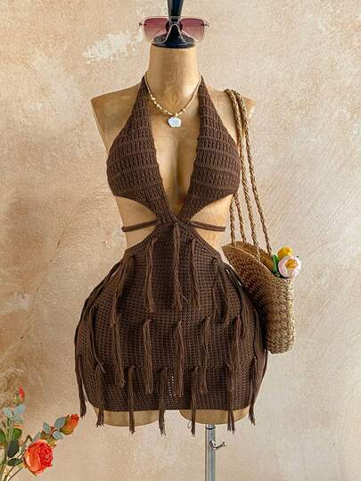 Soleia Women's Vacation Beach Fringe Decor Backless Halter Knit Dress, Summer Holiday Outfits , Beach Vacation Outfits For Women, Casual Outfit For Women, Brown Sexy Dress