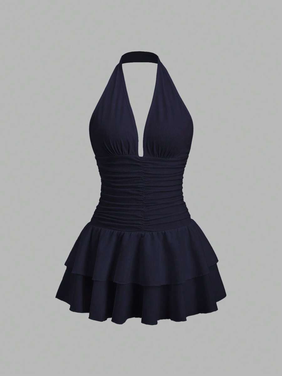 Sweetra Đầm ngắn màu đen dệt kim và đan ghép mảnh, cổ chữ V, hở lưng, viền bèo nhún, thắt eo, kiểu dáng tối giản thanh lịch, thích hợp cho kỳ nghỉ và trang phục thường ngày dành cho nữ, mùa xuân/hè. - Màu xanh hải quân - Xem 1