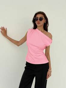 Aloruh New Minimalist Asymmetric-Shoulder Short Sleeve Pullover Cinched Waist Ruched Solid White T-Shirt - Pink - View 3