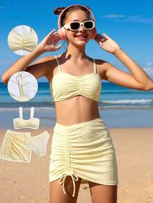 Teen Girl Swimwear, Yellow Striped 3 PiecesSwimwear Set With Drawstring Skirt, Simple & Elegant Student Beach Swimwear - Yellow - View 1