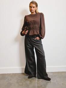 SHEIN Aralina-E Textured Lightweight Woven Fabric Elastic Waist Puff Sleeve Relaxed Fit Everyday Casual Top - Coffee Brown - View 8