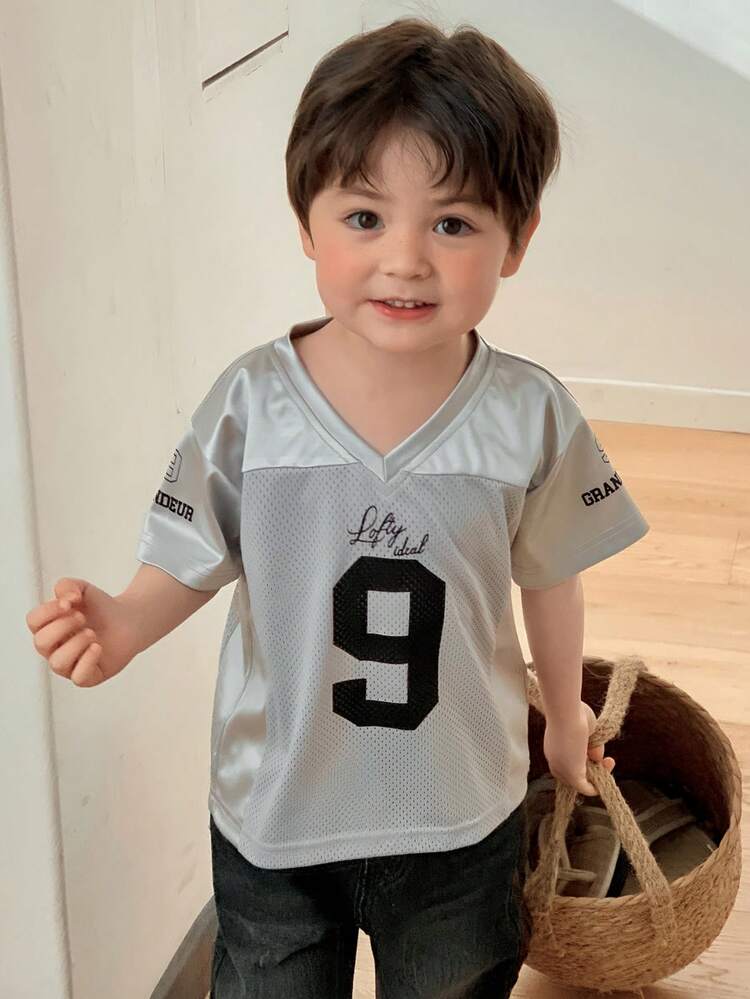 Baby Boy V-Neck Colorblock Numeric & Letter Print Short Sleeve Top