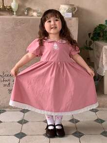 DAZY Đầm kiểu Hàn Quốc dễ thương cho bé gái, cổ Peter Pan, thêu hình thỏ hoạt hình, thích hợp cho mùa xuân/thu. - Đỏ - Xem 3