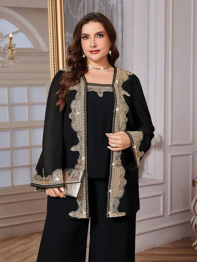 SHEIN Clasi Plus Size Women 2 Pieces Set, Elegant Purple Rhinestone Decor 2 Pieces Outfit, Suitable For Party, Autumn/Winter