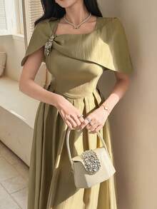 DAZY Women's Elegant Solid Color Pleated Asymmetric Dress, Summer Wedding Guest Dress Sundress - Yellow - View 5