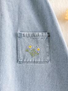 SHEIN 女童牛仔布连衣裙，花卉刺绣图案，乡村风格，时尚优雅，适合春、夏、秋过渡季节穿着 - 淺藍色 - 查看 7