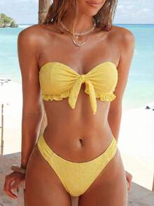 Swim Vcay Spring/Summer Solid Color Strap Jacquard Fabric Wireless Bow Decor Cute Beach Vacation Swimsuit Set