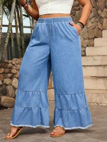 SHEIN Plus Size Women Street Casual Light Blue Distressed Flare Hem Non-Stretch Straight Leg Jeans - Light Wash - View 4