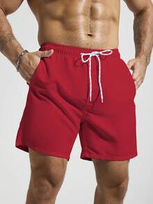 Zalmeno 男士纯色弹力腰带抽绳口袋休闲夏季沙滩短裤 - 紅色 - 查看 4