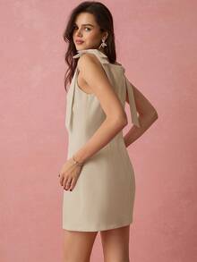 Enchnt Đầm ngắn nữ màu trơn cổ vuông không tay thiết kế tối giản - Màu Khaki - Xem 3