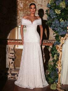 Glamrae Elegant, Romantic, Fashionable, White, Lace, Luxurious Satin, Eyelash Lace, Off-The-Shoulder Neckline, Back Tie Dress Wedding Guests, Holidays, Wedding Events And Formal Occasions, Heavily Embellished Wedding Dress,Wedding Party Dress, Valentine's Day - White - View 3