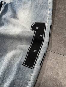 ROMWE MEN Street Life Herrjeans med tryck och tvättade fickor - Blå - Visa 3