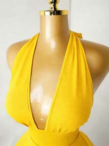Mistrie Black Tight-Fitting Romper With Deep V-Neck, Backless Strap - Yellow - View 5
