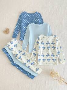 3pcs Baby Girls Fashionable Minimalist Heart Flower Rabbit Print Stretchy Knit Crew Neck Long Sleeve Top And Pants Casual Comfortable Homewear Set Baby Set Autumn Winter Season Pajama Baby Set Baby Casual Sets Snug Fit - Blue - View 3