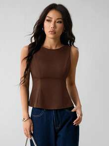 SHEIN PETITE Áo đen thời trang mùa hè dành cho nữ, thiết kế cao cấp - Cà phê nâu - Xem 8