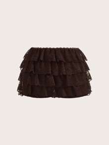 SHEIN ICON Women's Low Waist Layered Lace Ruffle Skorts - Brown - View 2