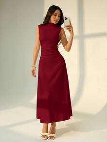 SHEIN PETITE Đầm maxi dáng chữ A không tay cổ đứng màu trắng mới, thanh lịch, thích hợp cho ngày Valentine, trang phục hẹn hò và công sở lãng mạn, đầm hè cho nữ. - Đỏ - Xem 5