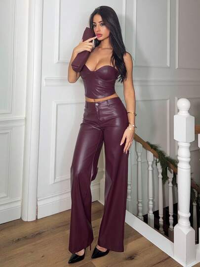 Ronhire Set di abbigliamento donna in stile ICON Y2K, composto da top alla halter di colore unito e pantaloni casual lunghi bordeaux rosso, adatto per feste, inverno e Capodanno, sexy