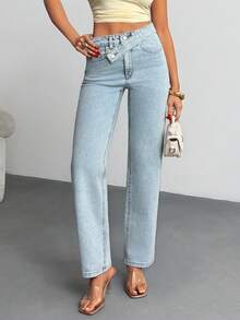 SHEIN Cottnline Stretch Comfy High Waist 98% Cotton Slanted Waistband Denim Jean Jeans Wide Leg Y2k Jeans Jeans Summer Jeans Low Rise - Light Wash - View 2