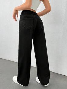 EURMUSE Quần jeans ống đứng cạp thấp 100% cotton - màu đen - Xem 2