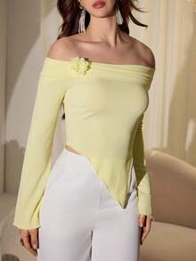 Modelyn Delicate Yellow Off-Shoulder Ruched Floral Decor Sexy Going Out Date T-Shirt - Light Yellow - View 5