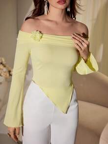 Modelyn Delicate Yellow Off-Shoulder Ruched Floral Decor Sexy Going Out Date T-Shirt - Light Yellow - View 7