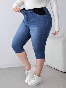 SHEIN PETITE CURVE 春夏大码纯色休闲牛仔裤 - 深色水洗藍 - 查看 7