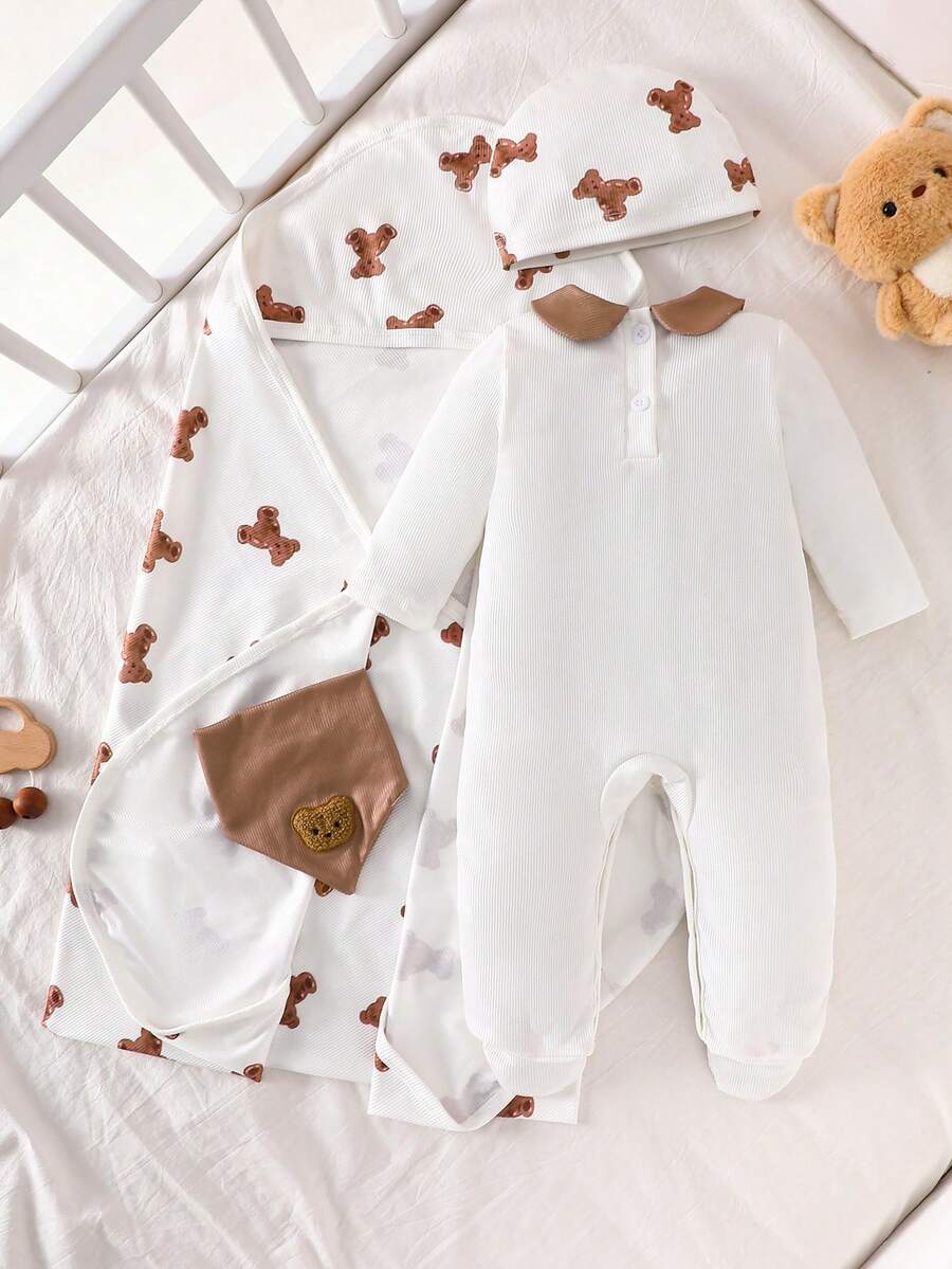 SHEIN 4件/組 棕色與白色圓點心形熊連身衣 新生兒男嬰女嬰嬰兒衣套裝 秋季 - 棕色 - 查看 1
