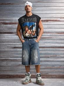 AXEPEAK 男士休闲牛仔短裤，斜插口袋，水钻装饰，毛边裤脚 - 藍色 - 查看 7