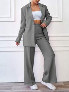 EURMUSE Fashionable Versatile Solid Color Suit Set, Commuter Outfit - Light Grey - View 3