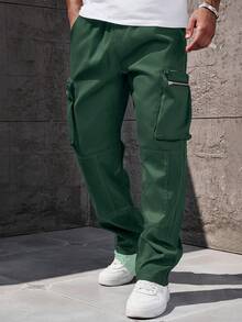 Manfinity Homme 加大码男士纯色斜插口袋休闲百搭工装裤 - 墨綠色 - 查看 4