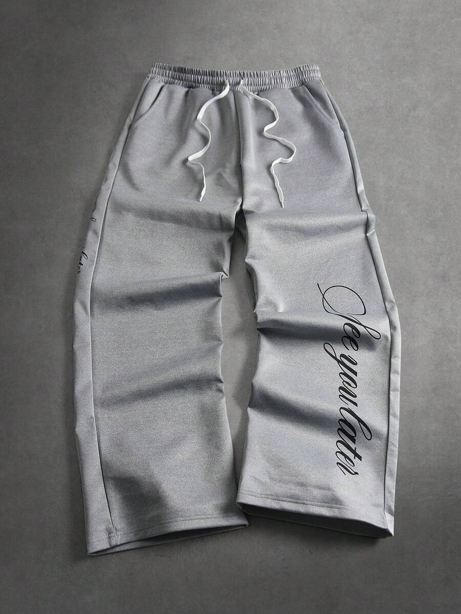 Manfinity Hypemode Men's Letter Print Drawstring Waist Pocket Wide Leg Loose Sweatpants,Dark Grey Summer Streetwear Groove Lounge Athletic Baggy Pants Ronaldo - Light Grey - View 1