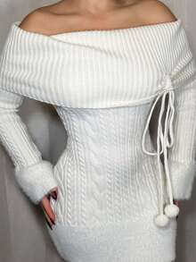 Dayanna Comas 露肩毛绒球吊坠装饰女式 Himekaji 毛衣派对礼服，适合新年、情人节 - 米色 - 查看 4