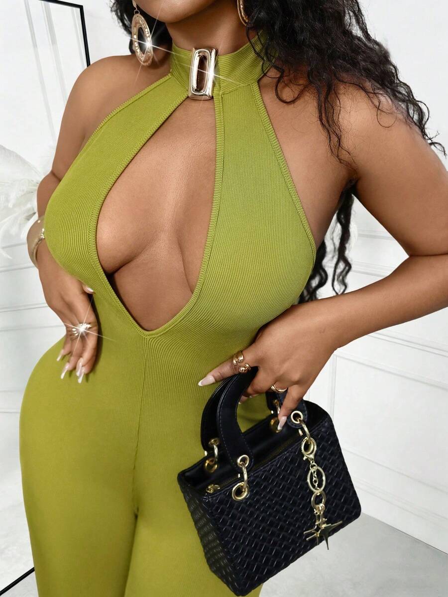 Lureya Women's Fashion Sexy Front Hollow Lace-Up Backless Jumpsuit, Straight Leg Wide Leg Pants, Suitable For Evening Gala, Party