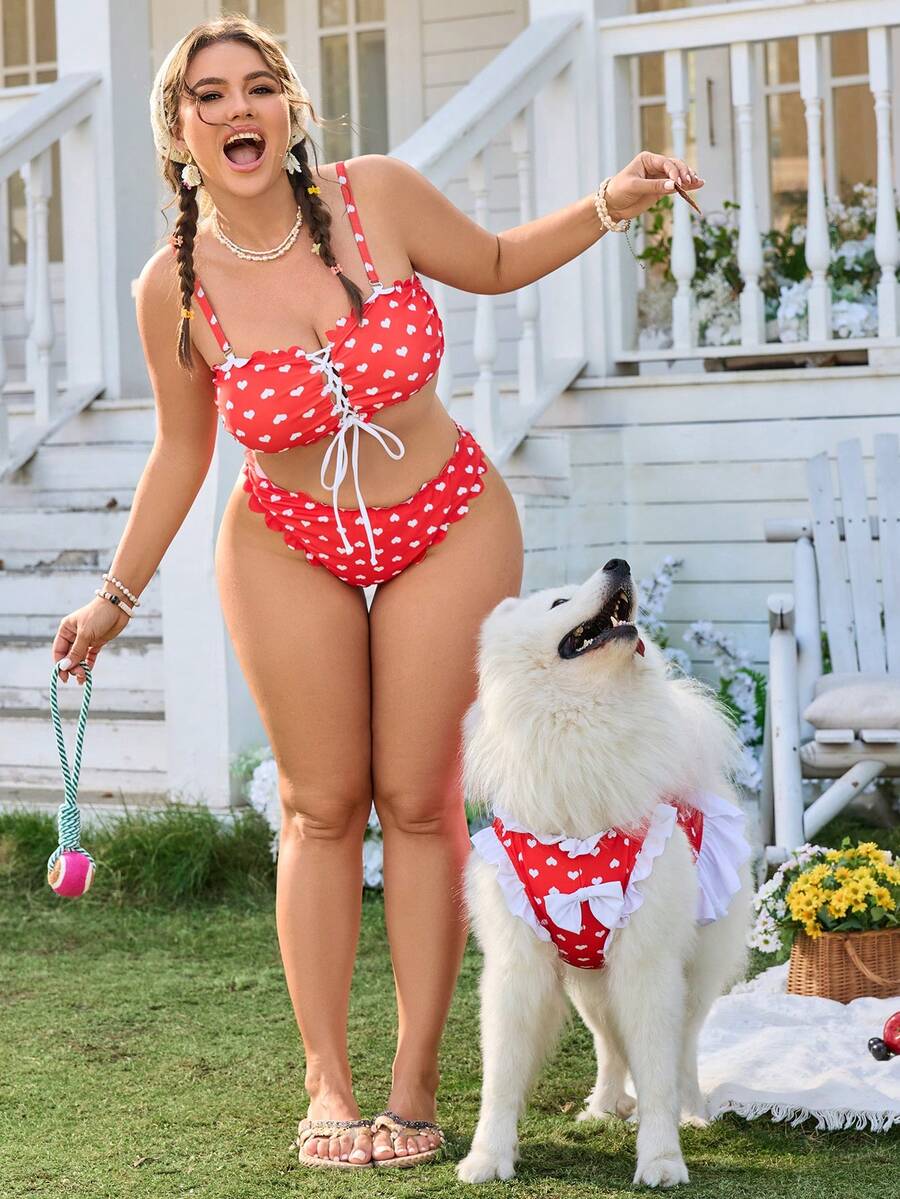 Swim Mod Plus Size Women's Summer Beach Heart Print Tie-Up Sexy Bikini Swimwear Set - Red and White - View 1