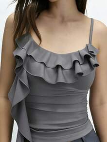 INAWLY Women's Casual Fitted Ruffle Strap Camisole Top, Summer - Apricot - View 4
