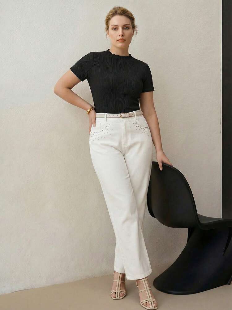 PLUS ELEGANT KNIT TEXTURED ELASTIC T-SHIRT WITH SMALL STAND COLLAR, SPRING/SUMMER