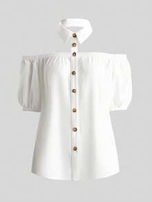 EMERY ROSE Women's Fashion Off-Shoulder Collar Placket Splice Elastic Gathered Puff Sleeve Romantic Elegant Casual Commute Date Party Dining Blouse, Spring/Summer - White - View 4