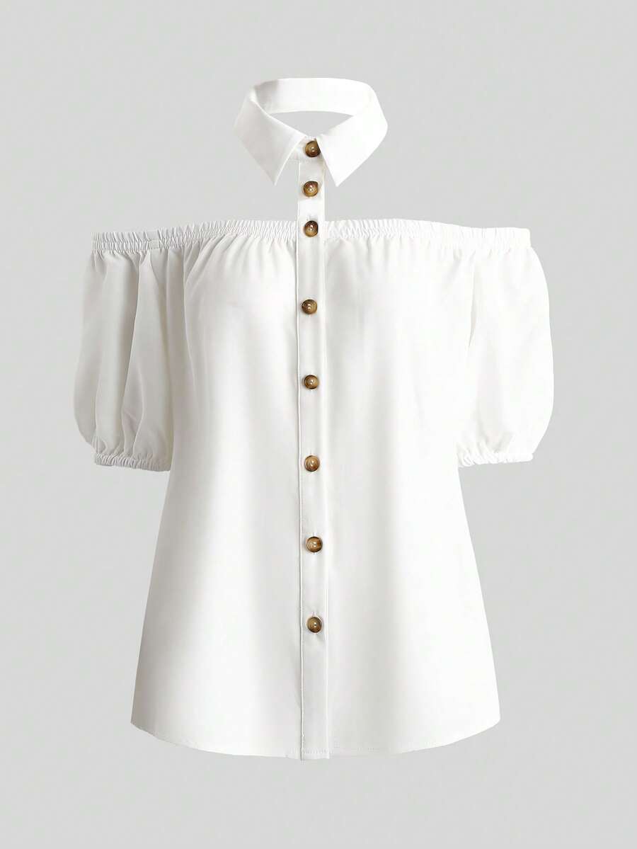 EMERY ROSE Women's Fashion Off-Shoulder Collar Placket Splice Elastic Gathered Puff Sleeve Romantic Elegant Casual Commute Date Party Dining Blouse, Spring/Summer - White - View 1