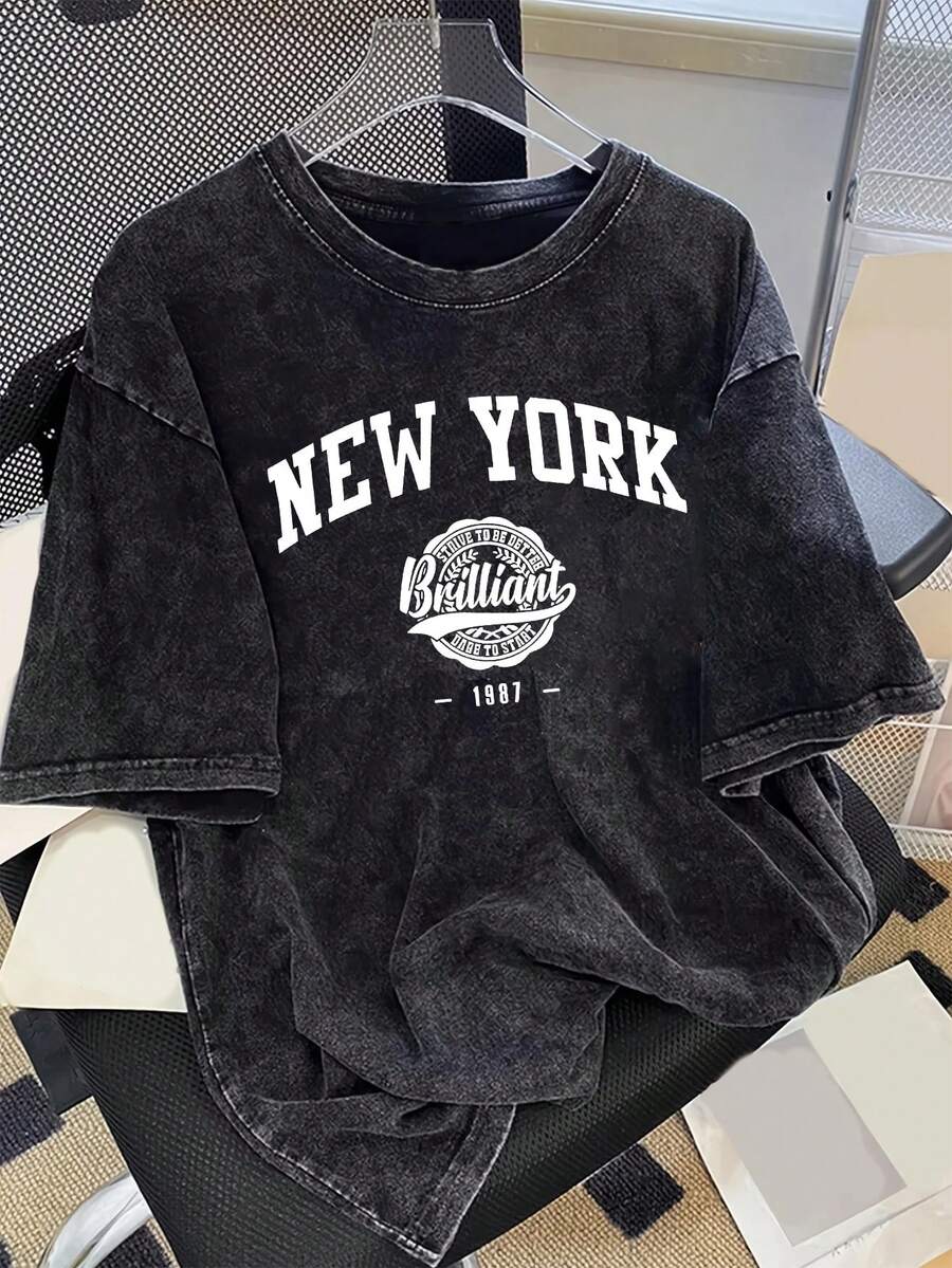 Manfinity Joysei 男士休闲时尚街头日常通勤字母印花落肩宽松水洗短袖T恤，夏季 - 黑色 - 查看 1