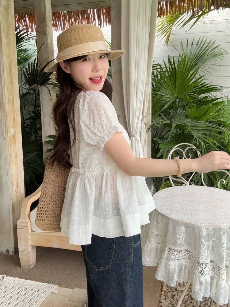 Women's U-Neck Ruffle Hem Short Sleeve T-Shirt, Sweet Loose Fit Flattering Design Versatile Blouse Top For Summer