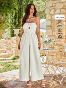 KARISMINA 女士时尚优雅休闲度假露背连体裤，露背设计，时尚休闲宽松版型，米色连体裤 - 白色 - 查看 8